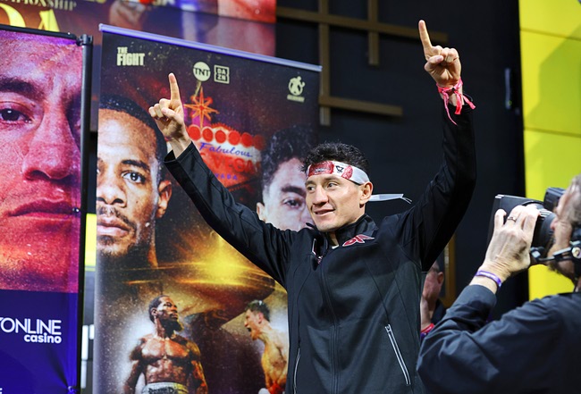 Lightweight boxer William Zepeda, of Mexico, arrives during a ceremonial weigh-in at Virgin Las Vegas Friday, July 31, 2026. Lamont Roach Jr. and Zepeda are scheduled to fight for a vacant WBC lightweight title at the  hotel-casino Saturday.