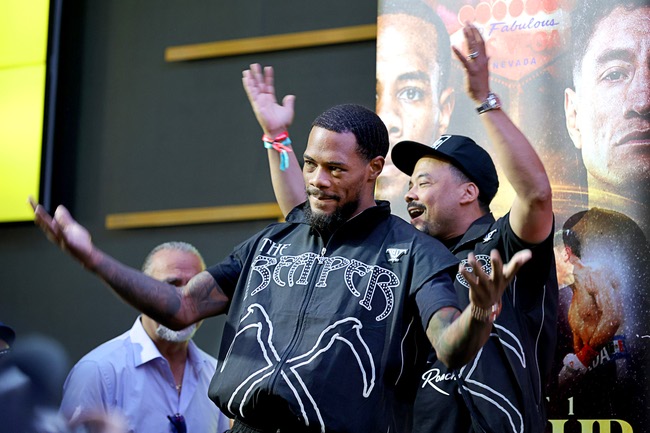 Lightweight boxer Lamont Roach Jr. arrives with his father and trainer Lamont Roach Sr. during a ceremonial weigh-in at Virgin Las Vegas Friday, July 31, 2026. Roach and William Zepeda are scheduled to fight for a vacant WBC lightweight title at the  hotel-casino Saturday.