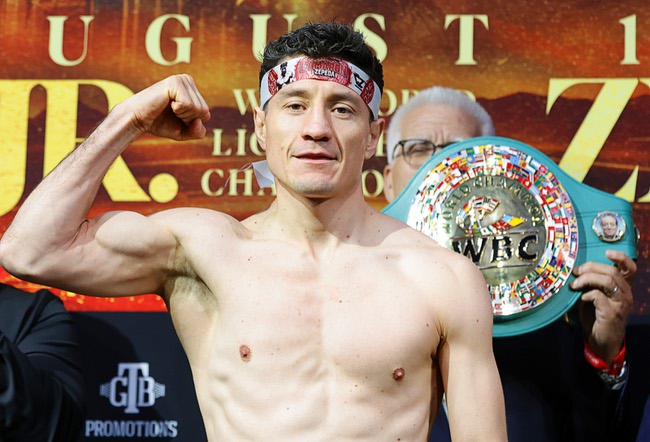 Lightweight boxer William Zepeda, of Mexico, poses on the scale during a ceremonial weigh-in at Virgin Las Vegas Friday, July 31, 2026. Lamont Roach Jr. and Zepeda are scheduled to fight for a vacant WBC lightweight title at the  hotel-casino Saturday.