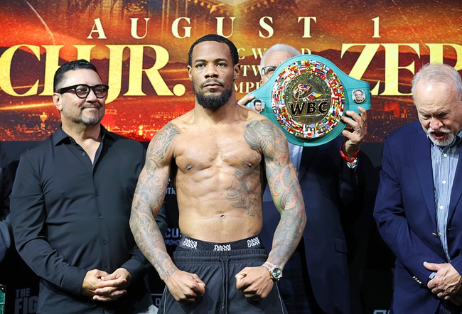 Lightweight boxer Lamont Roach Jr. poses on the scale during a ceremonial weigh-in at Virgin Las Vegas Friday, July 31, 2026. Roach and William Zepeda are scheduled to fight for a vacant WBC lightweight title at the  hotel-casino Saturday.