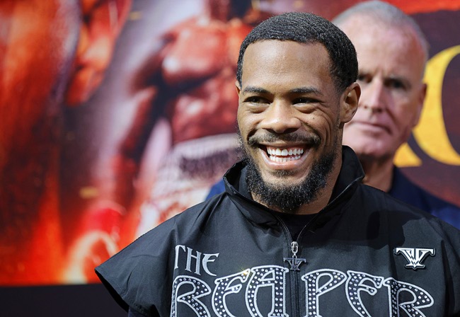 Lightweight boxer Lamont Roach Jr. smiles during a ceremonial weigh-in at Virgin Las Vegas Friday, July 31, 2026. Roach and William Zepeda are scheduled to fight for a vacant WBC lightweight title at the  hotel-casino Saturday.