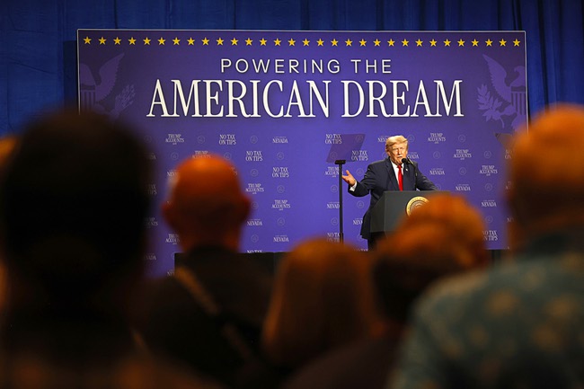 President Donald Trump speaks during a rally at Red Rock Casino Wednesday, Aug. 5, 2026.