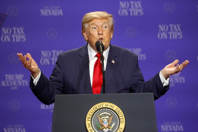 President Donald Trump speaks during a rally at Red Rock Casino Wednesday, Aug. 5, 2026.