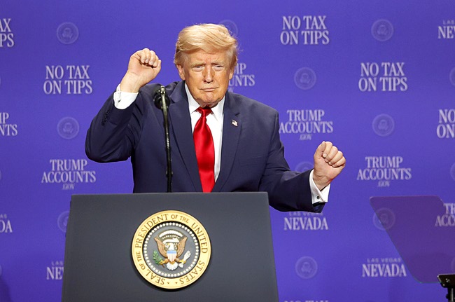 President Donald Trump dances at the end of his rally at Red Rock Casino Wednesday, Aug. 5, 2026.