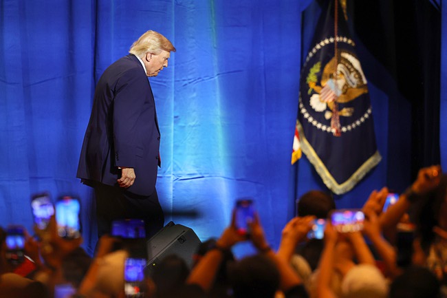 President Donald Trump leaves the stage after speaking at a rally at Red Rock Casino Wednesday, Aug. 5, 2026.