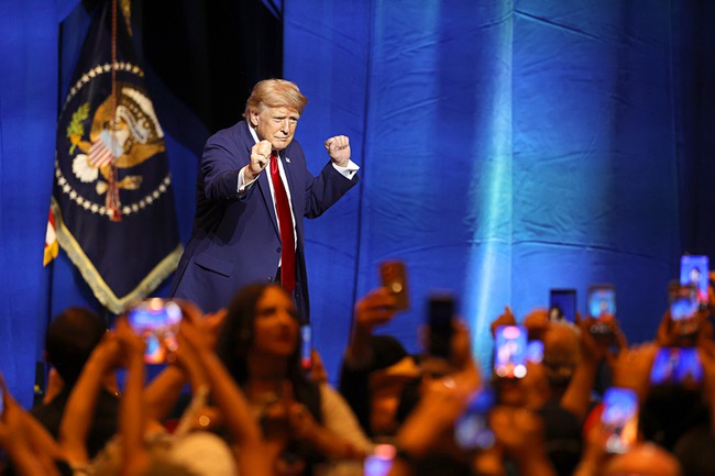 President Donald Trump dances at the end of his rally at Red Rock Casino Wednesday, Aug. 5, 2026.