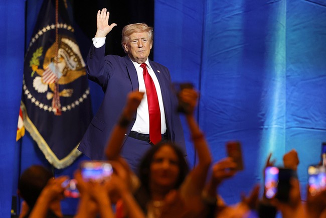 President Donald Trump waves at the end of his rally at Red Rock Casino Wednesday, Aug. 5, 2026.