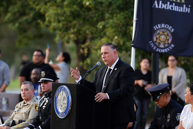 Steve Gammas, president of the Las Vegas Police Protective Association, speaks during a vigil for slain Metro Police officer Austin Abdelnabi at Police Memorial Park Friday, Aug. 7, 2026. Officer Abdelnabi was shot and killed in the line of duty on Tuesday, Aug. 4.