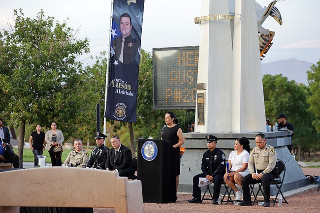 Las Vegas City Councilwoman Olivia Diaz speaks during a vigil for slain Metro Police officer Austin Abdelnabi at Police Memorial Park Friday, Aug. 7, 2026. Officer Abdelnabi was shot and killed in the line of duty on Tuesday, Aug. 4.